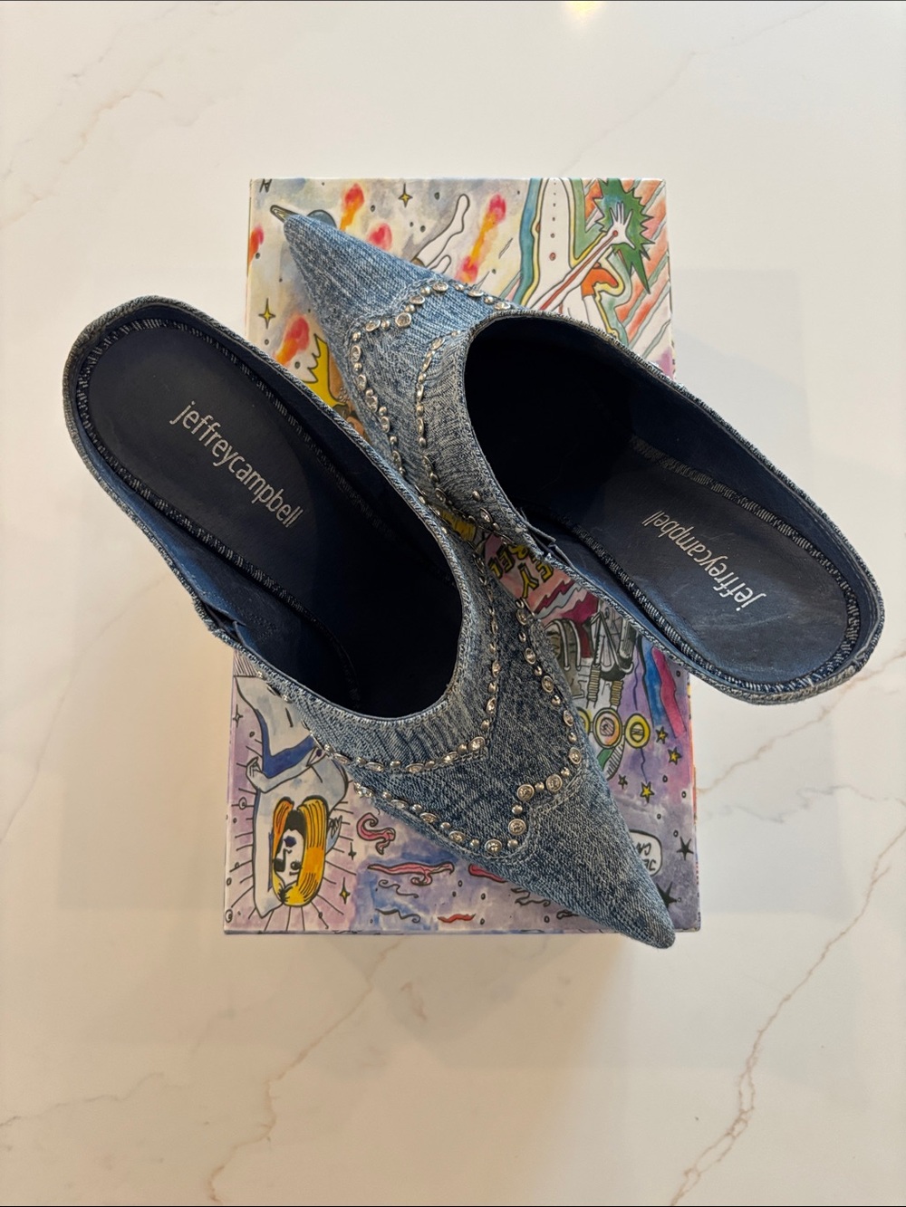 Jeffrey Campbell Grey Denim Studded Pointed-Toe Mules - Picture 2 of 9